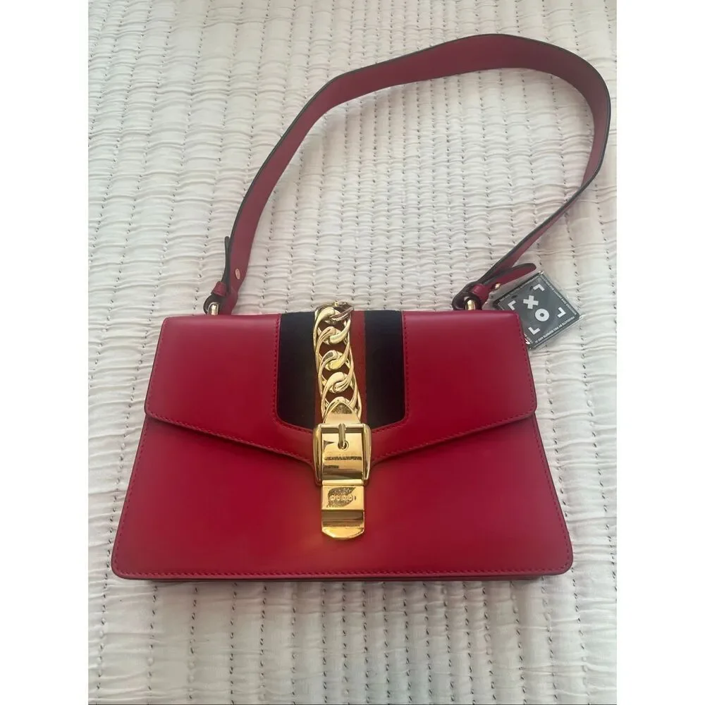 Authentic GUCCI Red Calfskin Leather Small Sylvie Shoulder Bag